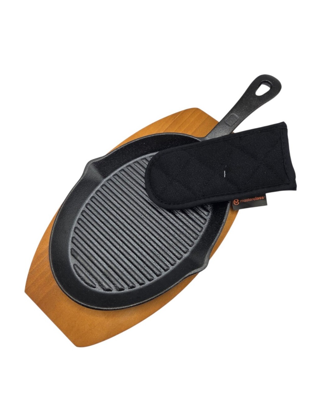 Masterclass Cookware 3pc Cast Iron Pan Fajita Set Wooden Trivet And Handle Mitt
